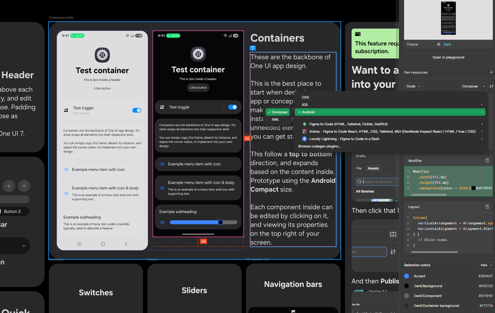 Using Figma Dev Mode with the One UI Design Kit.
